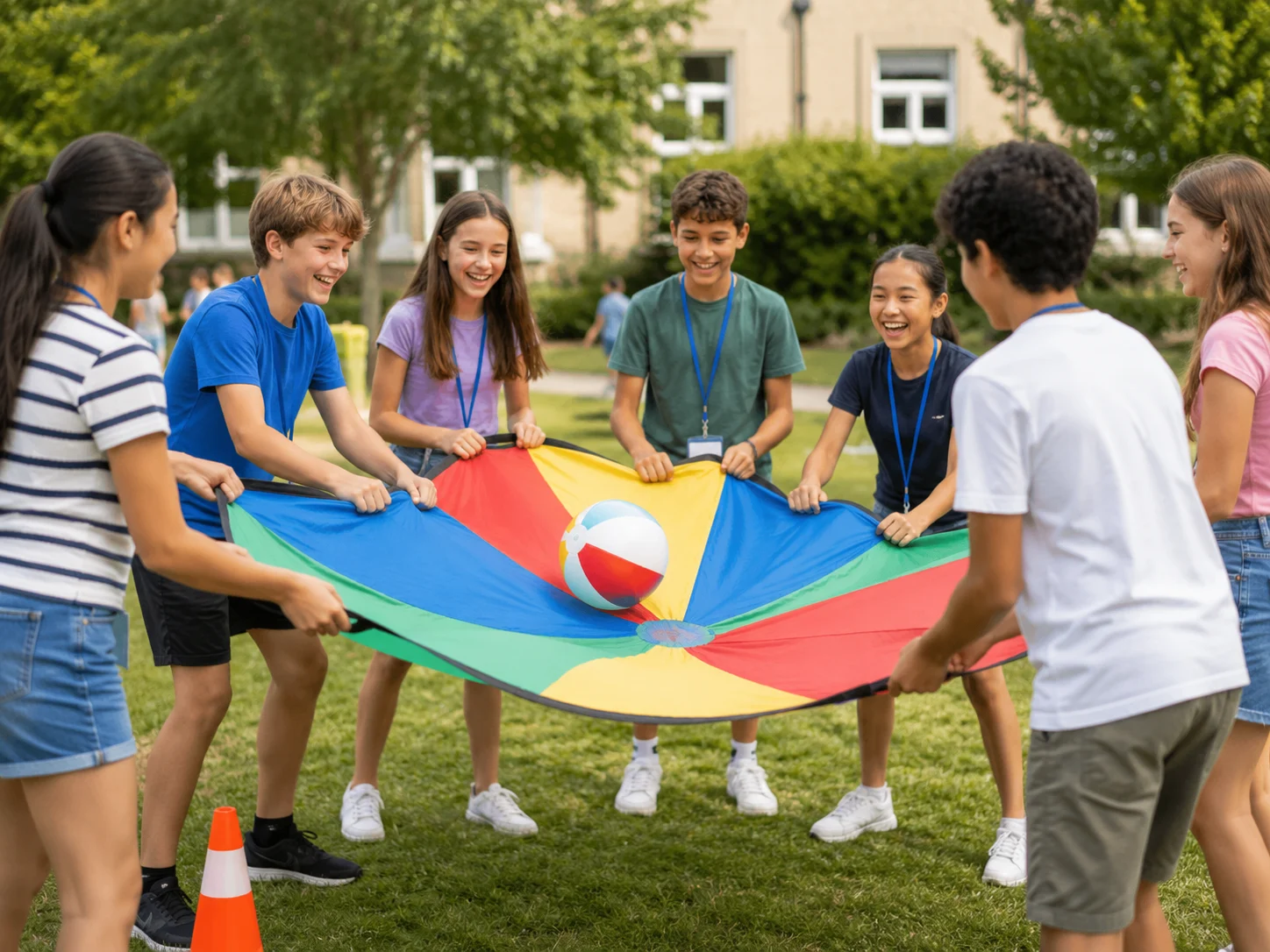 Kids playing with parachute and ball