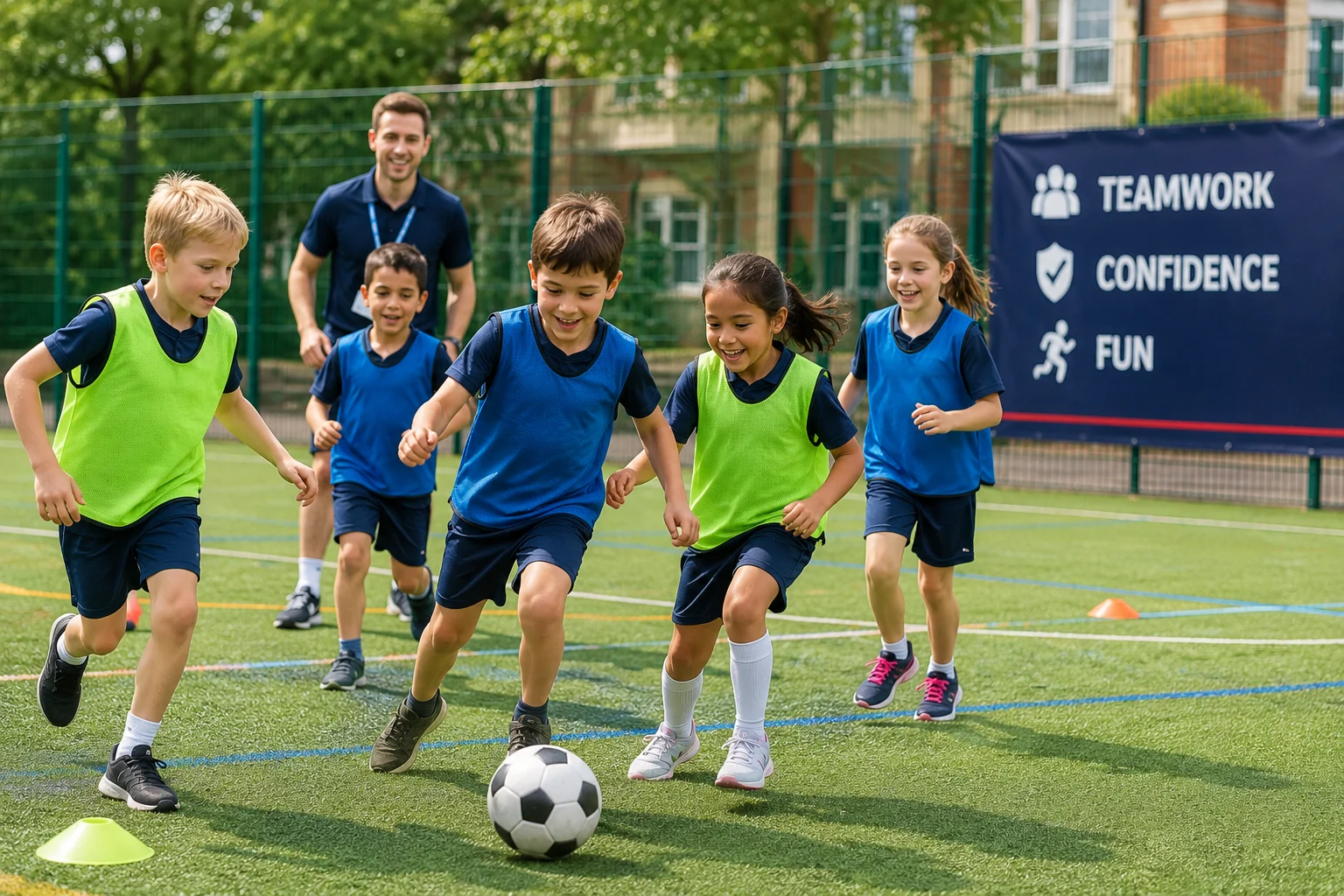 International students aged 8 to 12 participating in supervised sports activities during a London summer language programme