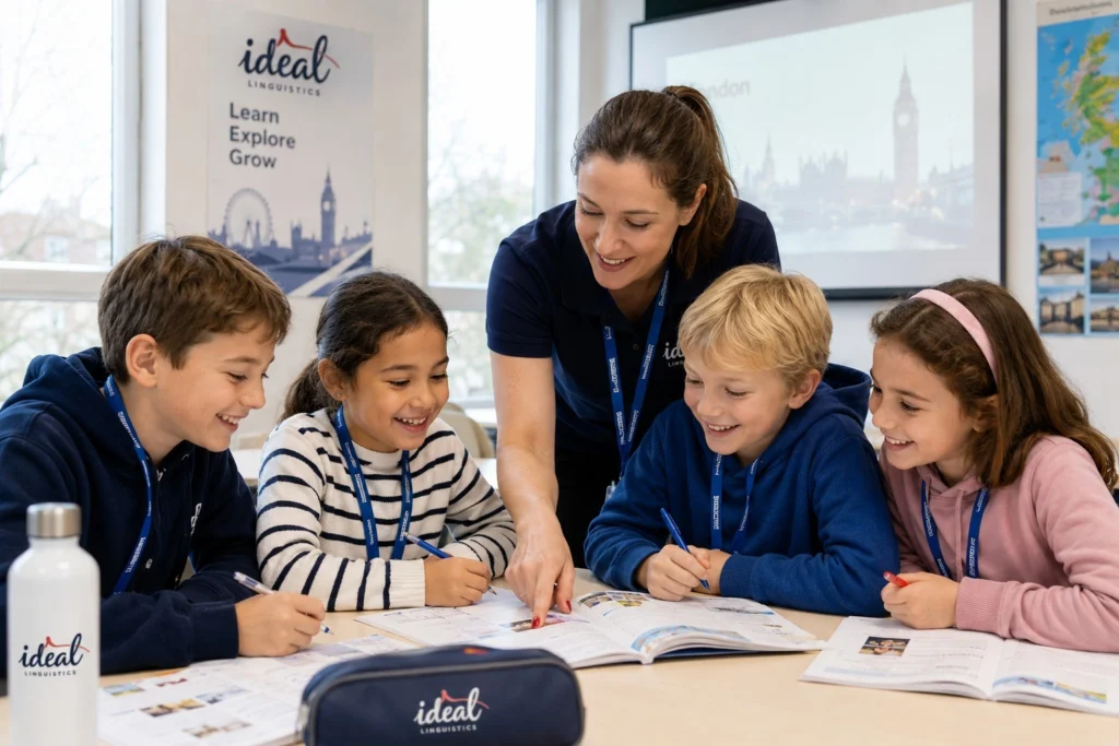 Young international learners aged 8–17 are enjoying English classes, London excursions, and a safe student life at Ideal Linguistics UK 