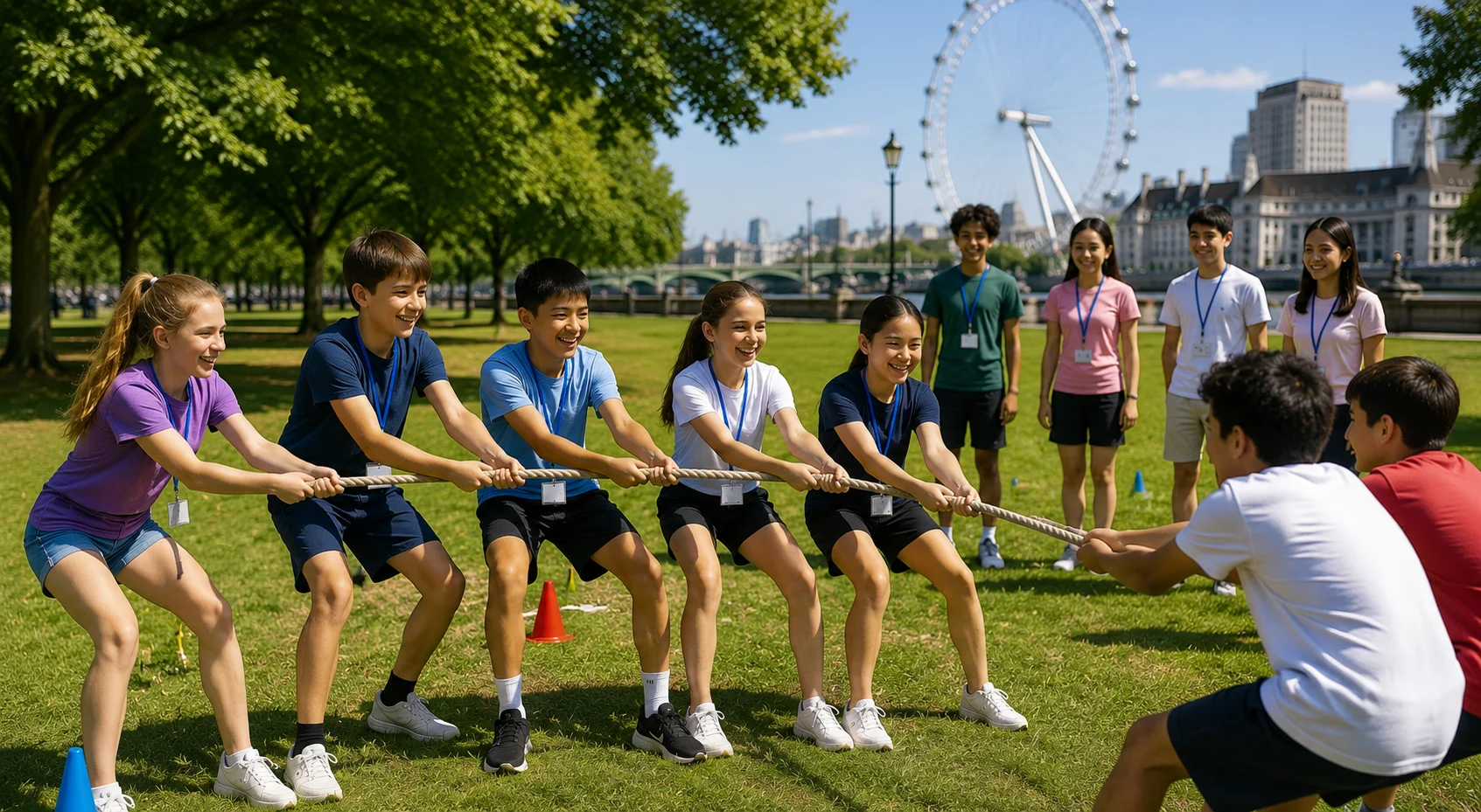 International students aged 8 to 17 participating in supervised sports activities during a London summer language programme