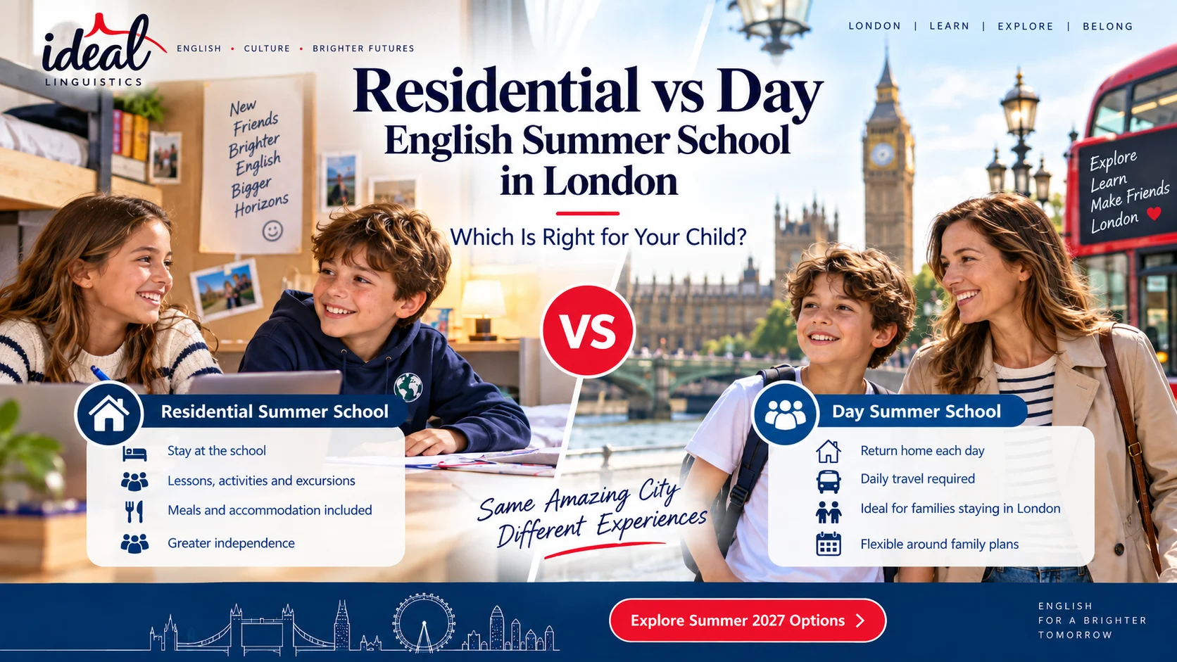 Parent comparing residential and day English summer school options in London for their child