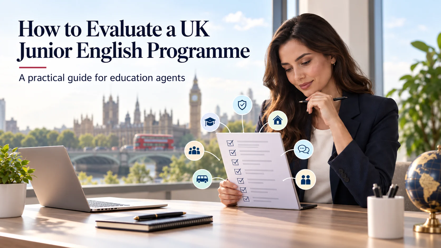 Education agent reviewing a UK junior English programme evaluation checklist with London in the background
