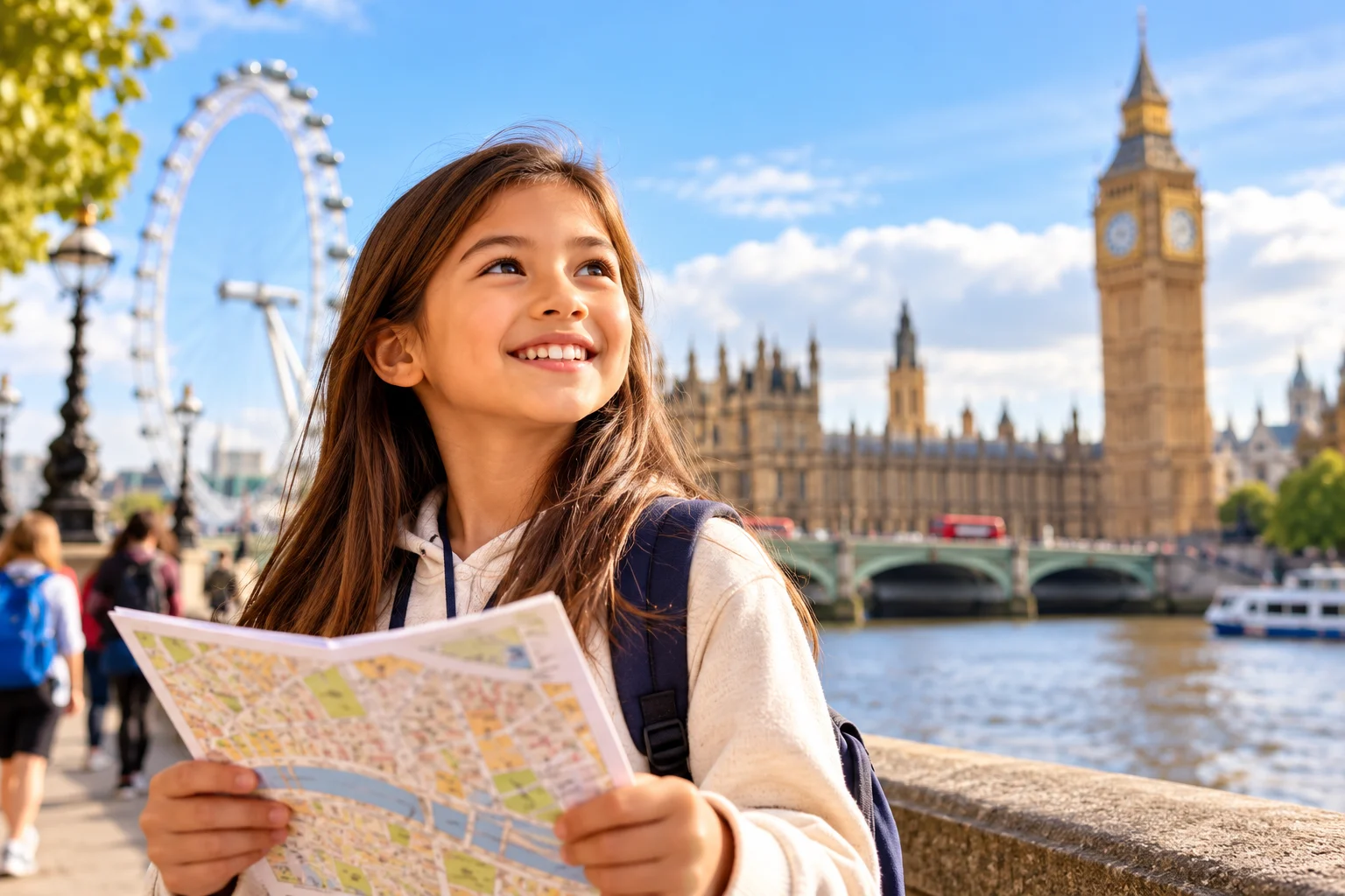 10-year-old international student holding a London map while learning English through real-life experiences
