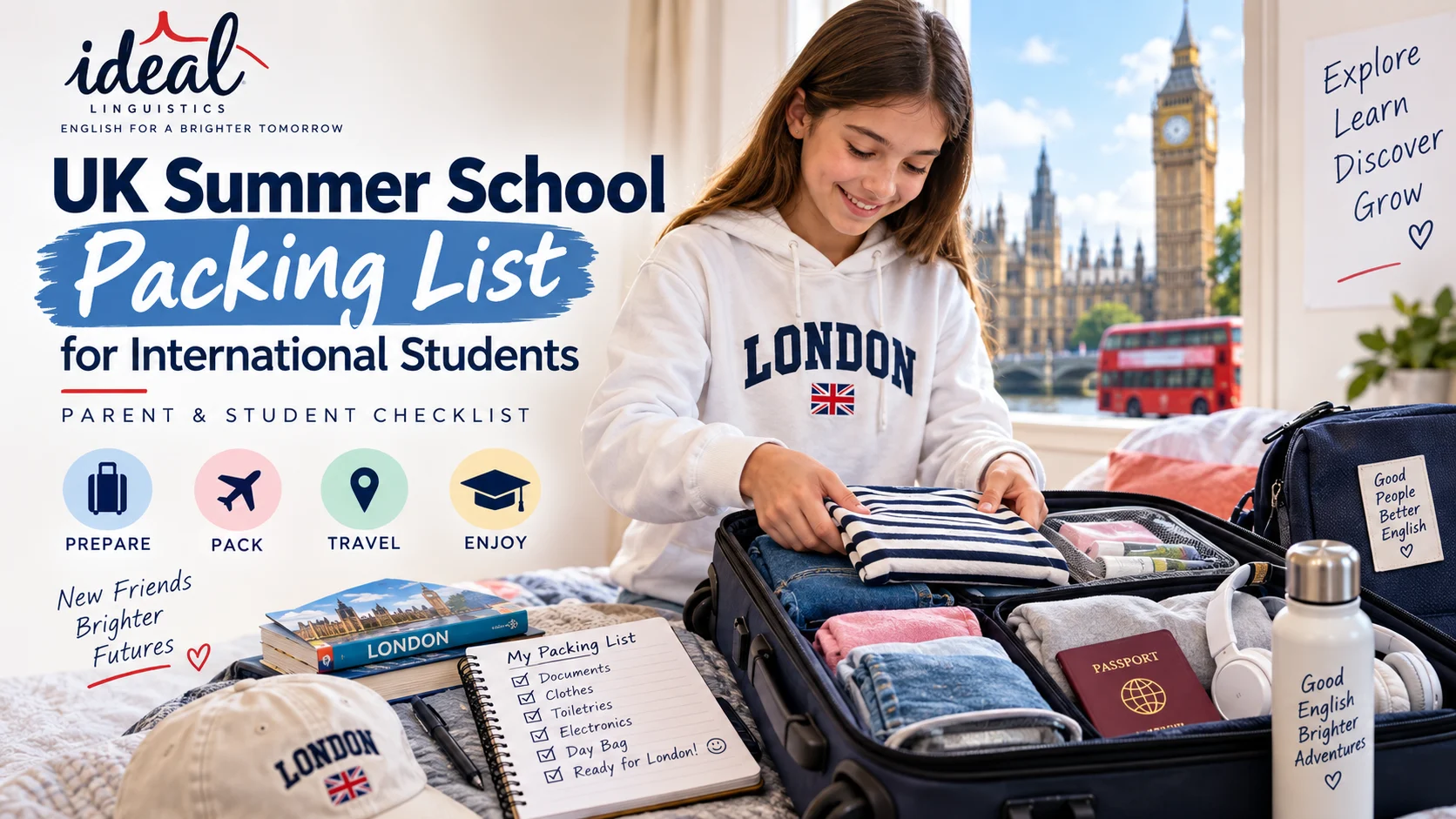 International student packing clothes, passport and travel essentials for a UK summer school in London